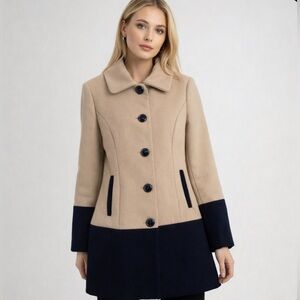 BCBGGeneration Women’s Pea Coat Button-Up Career Casual Blue/Tan Size Med